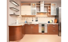 Угловая кухня "Вright " в стиле модерн с открытыми полками и стеклянными фасадами.