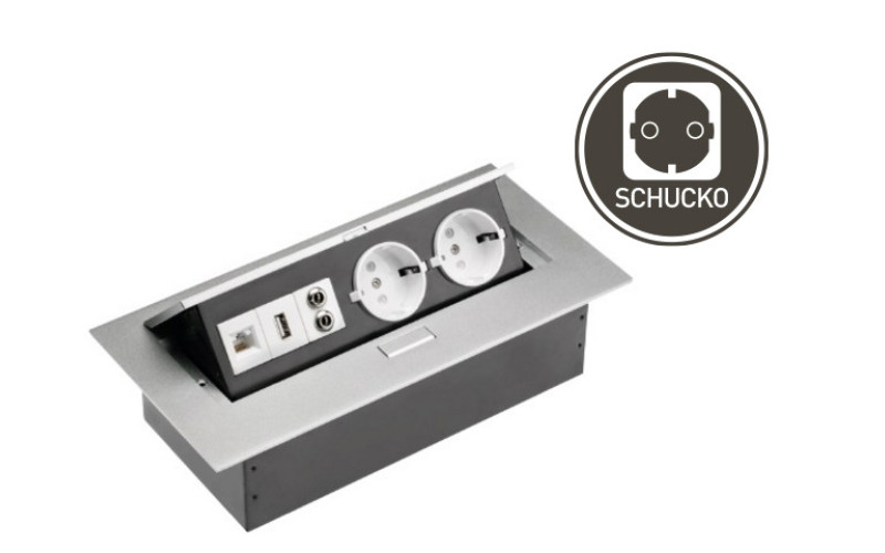 Подовжувач для офису GTV на 3 розетки SCHUCKO с заземленням, USB, аудіо, інтернет вихід алюміній