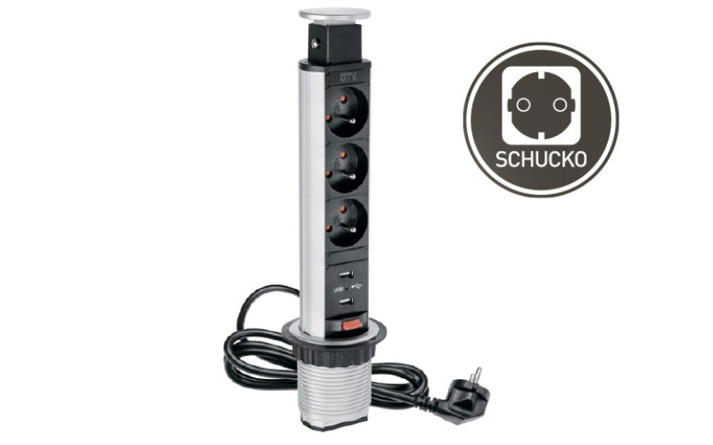 Подовжувач для офису d 60 GTV с заземленням на 3 розетки SCHUCKO, 2xUSB сірий
